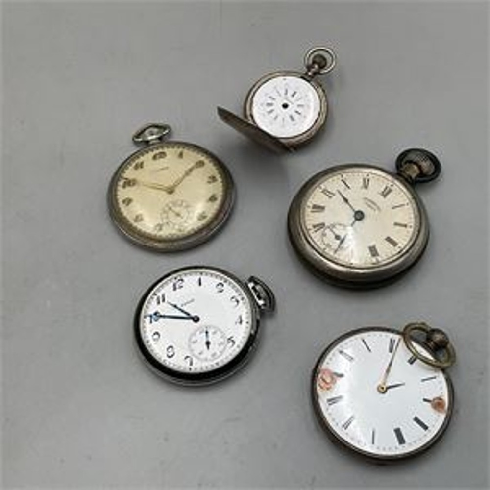 5 Antique Pocket Watches for Parts Repair Diana .800 Silver Elgin Ingersoll Lot